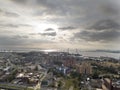 Drone view of the industrial part of St. Petersburg, Kanonersky island with Western high-speed diameter and the Gulf of Finland on Royalty Free Stock Photo