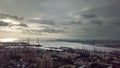 Drone view of the industrial part of St. Petersburg, Kanonersky island with Western high-speed diameter and the Gulf of