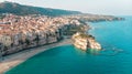 Drone view of the Italian town of Tropea in Calabria. Aerial View of the coastline, city and the Santa Maria dell Isola Monastery