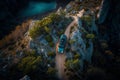 A Drone view of a Jeep climbing a mountain. AI Royalty Free Stock Photo