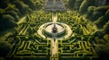 Drone view of labyrinth made of green trimmed bushes in beautiful old castle garden