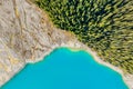 Drone view of the lake and forest in the glacier valley. View of the moraines. Landscape from the air. River on a moraine. Landsc