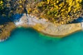 Drone view of the lake and forest in the glacier valley. View of the moraines. Alberta, Canada