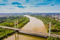 Drone view landscape highway bridge over river. Areal view city road landscape. Warsaw. Europe