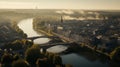 Drone view of Maastricht with river Maas at sunset