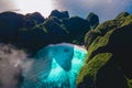 Drone view at Maya Bay Koh Phi Phi Thailand, Turquoise clear water white tropical beach Royalty Free Stock Photo