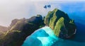 Drone view at Maya Bay Koh Phi Phi Thailand, Turquoise clear water white tropical beach Royalty Free Stock Photo