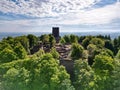 Drone view of medieval castle ruin Chateau Haut-Barr near Saverne in Alsace, France under blue sky