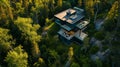 Drone view of modern and elegant house exterior in green forest, panorama. Ai Generative Royalty Free Stock Photo
