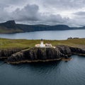 Drone view of the Neist Point Lighthouse and the Minch on the western coast of Isle of Skye Royalty Free Stock Photo