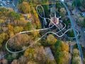 Drone view of the Nemesis inverted roller coaster being removed from the Alton Towers theme park Royalty Free Stock Photo