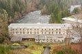 Drone view of the old hydro plant looking over the Campbell River, Canada