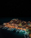 Drone view of old town Budva and harbor under a starry night Royalty Free Stock Photo