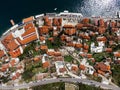 Drone view of the old town of Perast in the bay of Kotor, Montenegro. Royalty Free Stock Photo