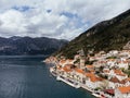 Drone view of the old town of Perast in the bay of Kotor, Montenegro. Royalty Free Stock Photo