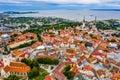 Drone view of the Old Town Tallinn surrounded by the sea under a cloudy sky in Estonia Royalty Free Stock Photo