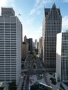 Drone view of the One Woodward Avenue skyscraper tower in Downtown Detroit, Michigan at daylight
