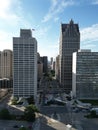 Drone view of the One Woodward Avenue skyscraper towers in Downtown Detroit, Michigan at daylight