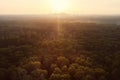 Drone view over forest and trees and an industrial area during the sunset in the ruhr area in Germany