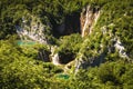 Drone view over the stunning waterfalls of the Plitvice Lakes National Park in Croatia