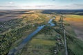 Drone view over summer sunset river Ros landscape, Ukraine Royalty Free Stock Photo