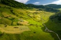 Drone view over Transylvania village in the Carpathian mountain , Fundatura Ponorului, Romania