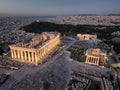 Drone view of the Parthenon Ancient temple in Athens, Greece at sunrise Royalty Free Stock Photo