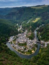 Drone view of the picturesque village of Esch-sur-Sure on the Sauer River in northern Luxembourg Royalty Free Stock Photo