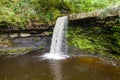 Drone view of a picturesque waterfall and pool