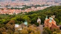 Drone view of Prague city center, from above the nearby Petrin hill, on an overcast Autumn day Royalty Free Stock Photo