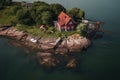 Drone view of red cottage coastal building. Generate ai Royalty Free Stock Photo