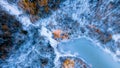 Drone view of a river with an icy lake on a snowy forest plain during a clear winter morning and bright sunrise Royalty Free Stock Photo