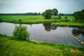 Drone view of the river Vecht, green grass, blue water, yellow buoys in the water. Vechtdal, Dalfsen the Netherlands