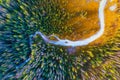 A drone view of the river in the woods. An aerial view of an autumn forest. Winding river among the trees. Royalty Free Stock Photo