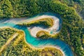 A drone view of the river in the woods. An aerial view of an autumn forest. Winding river among the trees. Turquoise mountain wate Royalty Free Stock Photo