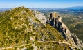 Drone view of ruins of Castle de Queribus on stone peak, France Royalty Free Stock Photo