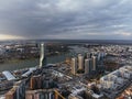 Drone view of the skyscrapers at the sunset Belgrade waterfront and skyline towers. Serbia, Europe. Royalty Free Stock Photo