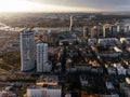 Drone view of the skyscrapers at the sunset Belgrade waterfront and skyline towers. Serbia, Europe. Royalty Free Stock Photo