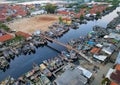 Drone view small boats lined up in the fishing village Royalty Free Stock Photo