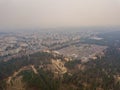 Drone view of smoke floats over the small town in Ukraine