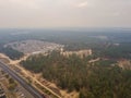 Drone view of smoke floats over the small town in Ukraine