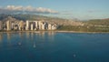 A drone view at sunset of Waikiki Beach and Diamond Head Crater, a famous tourist destination in Honolulu, Oahu, Hawaii Royalty Free Stock Photo