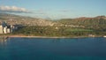 A drone view at sunset of Waikiki Beach and Diamond Head Crater, a famous tourist destination in Honolulu, Oahu, Hawaii Royalty Free Stock Photo