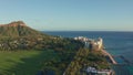 A drone view at sunset of Waikiki Beach and Diamond Head Crater, a famous tourist destination in Honolulu, Oahu, Hawaii Royalty Free Stock Photo