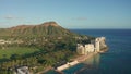 A drone view at sunset of Waikiki Beach and Diamond Head Crater, a famous tourist destination in Honolulu, Oahu, Hawaii Royalty Free Stock Photo