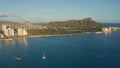 A drone view at sunset of Waikiki Beach and Diamond Head Crater, a famous tourist destination in Honolulu, Oahu, Hawaii Royalty Free Stock Photo