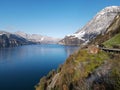 Drone view at the Tell plate on lake of Uri, Switzerland