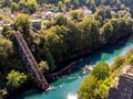 Drone view to the destroyed railway bridge in river Neretva during the war