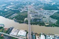 Drone view Top down of Tapee River and Bridge in Surat Thani thailand