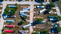 Drone view of Trailer Park destroyed by Hurricane Damage Storm Damage looking straight down above destroyed community Royalty Free Stock Photo
